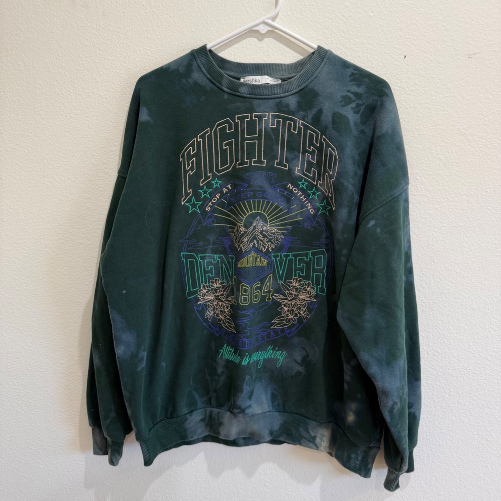 Bershka Denver Colorado Fighter Graphic Tie Dye Sweatshirt Green Mens Small